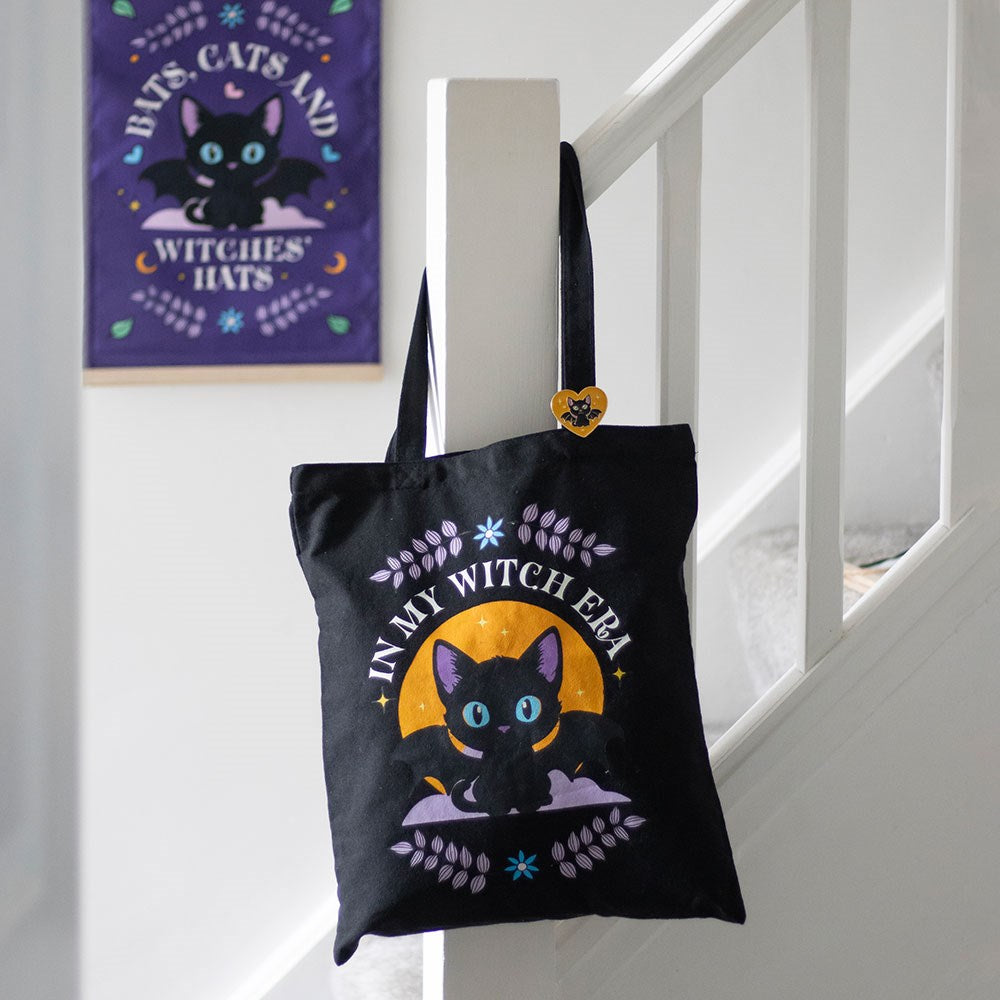 In My Witch Era Bat Cat Tote Bag with Pin