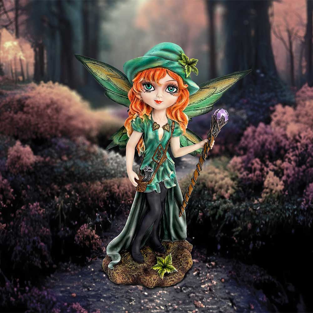 Forest Fae Fairy with Jewel Staff and Dragon Figurine