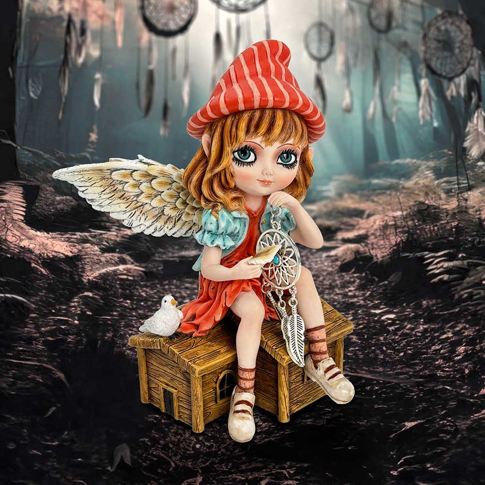 Autumn Fae Fairy Figurine with Dream Catcher and Bird