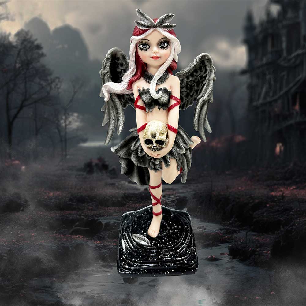 Shadow Fae Fairy Figurine with Feathered Skirt and Skull Accessory