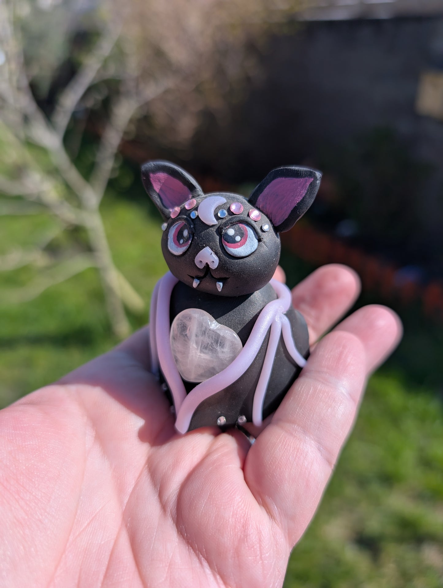 Rose Quartz Heart Bat Figurine