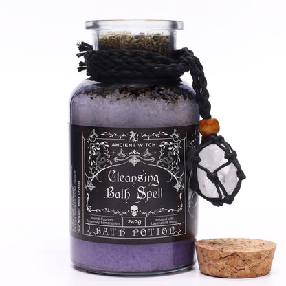 Ancient Witch Bath Spell Potion & Rock Crystal Amulet - Cleansing