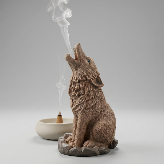 Wolf-shaped incense burner with smoke on a white background