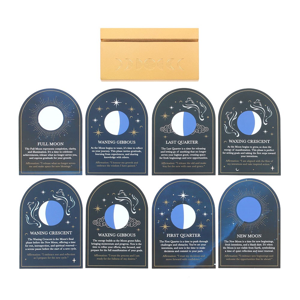 Set of 8 Moon Phase Cards with Wooden Stand
