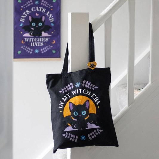 In My Witch Era Bat Cat Tote Bag with Pin
