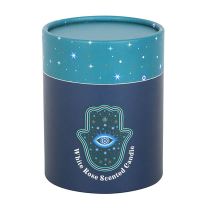 Hand of Hamsa White Rose Candle with Crystals