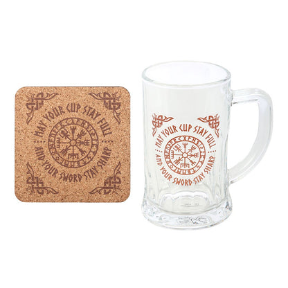 Viking Compass Glass Beer Tankard with Coaster