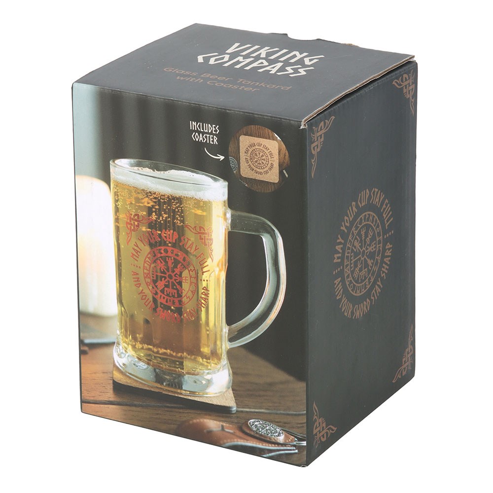 Viking Compass Glass Beer Tankard with Coaster
