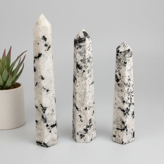 Gemstone Six Face Obelisk Point approx 17cm - Rainbow Moonstone