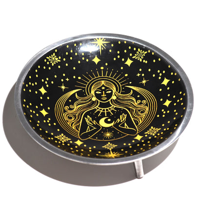 Triple Leg  Enamelled  Offering Plate - Gold Goddess on Black