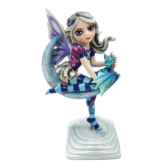 Lunar Fae Fairy Figurine with Dragon on Crescent Moon