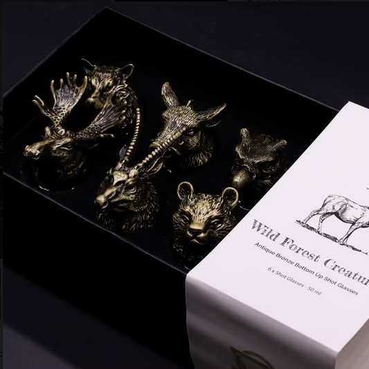 Gift Set of 6 Shot Glasses - Wild Forest Creatures - Antique Bronze